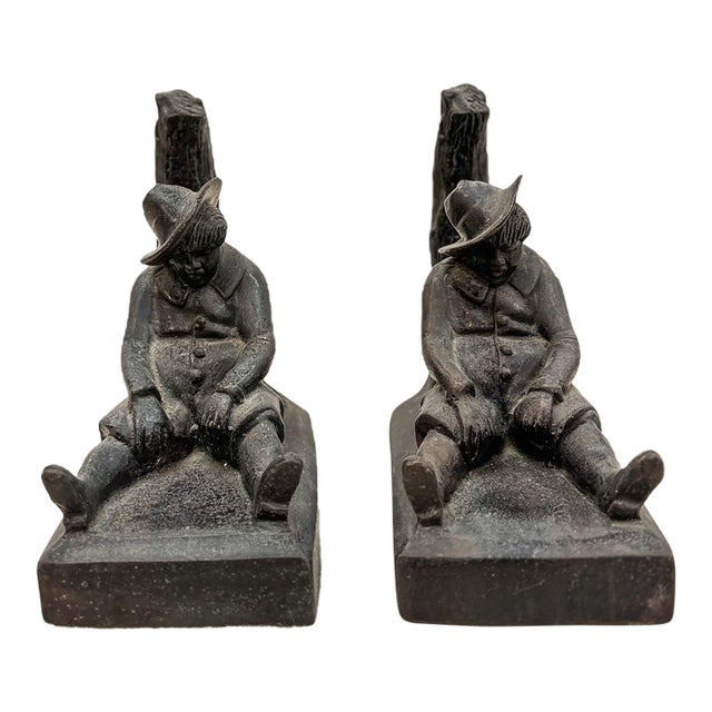 Vintage Cast Metal Bookends of Sleeping Man Figurine Decor For Sale