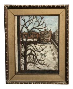 1950s Midcentury Cityscape Folk Art Oil Painting Framed