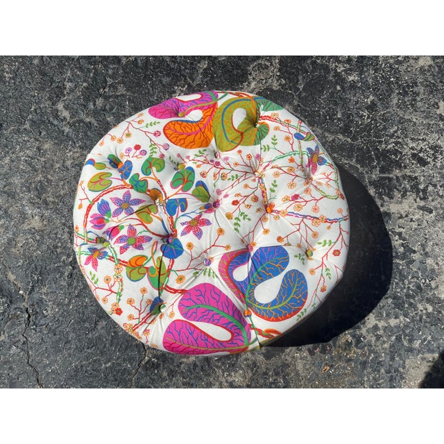 Linen Large Round Ottoman Upholstered in Josef Frank Teheran Linen Fabric For Sale - Image 8 of 12