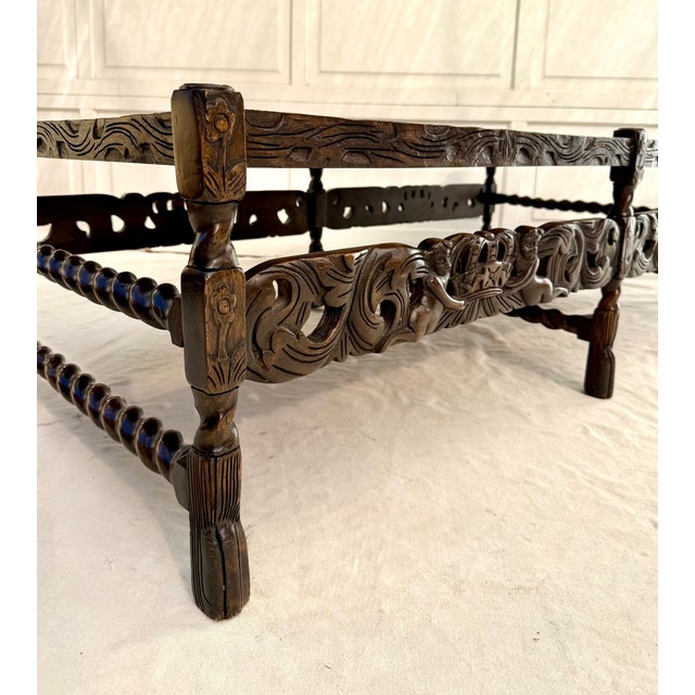 English Carolean Revival Style Carved Wood Coffee Table With Cherubs & Crown Motif For Sale - Image 14 of 15