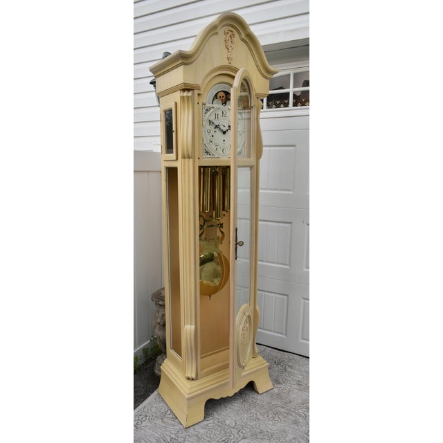 Vintage Sligh Carved Venetian Style Distressed Whitewash Grandfathers Clock For Sale In Philadelphia - Image 6 of 12