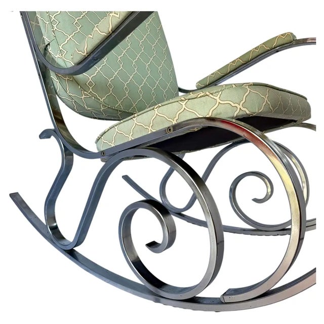 Metal Mid-Century Hollywood Regency Style Polished Nickel Scroll Rocking Chair For Sale - Image 7 of 12