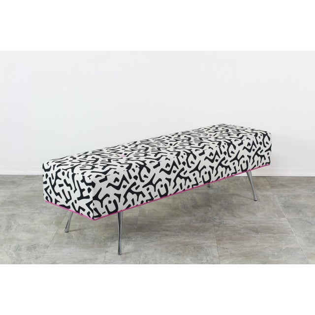 Black and White Linen Bench With Italian Style Metal Legs For Sale In Miami - Image 6 of 7