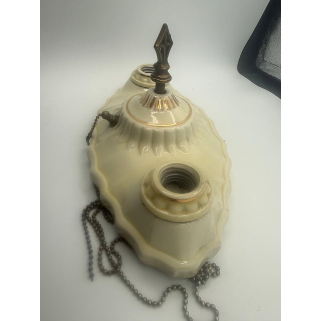 Vintage Art Deco Ivory & Gold Porcelain Pull-Chain Ceiling Light For Sale In Miami - Image 6 of 11