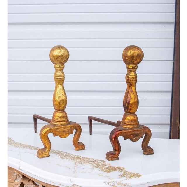 Arts & Crafts Cast Iron Fireplace Andirons With Gold Enamel From the 1920's, Pair For Sale - Image 3 of 10