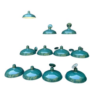 Industrial-Style Enamel Barn Pendant Lights – Green & White-Set of 11 For Sale