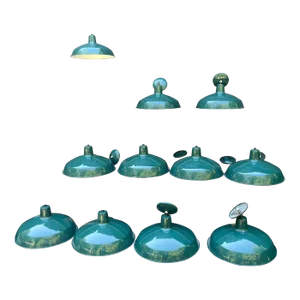 Industrial-Style Enamel Barn Pendant Lights – Green & White-Set of 11