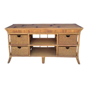 Vintage Bamboo Coastal Regency Seagrass Drawers Console Buffet Tv Entertainment Table