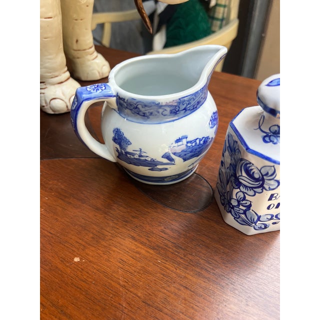 Mid-Century Modern 1970s Pair of Blue and White Ceramic Dishes- Pitcher and Bath Oil Jar For Sale - Image 3 of 6