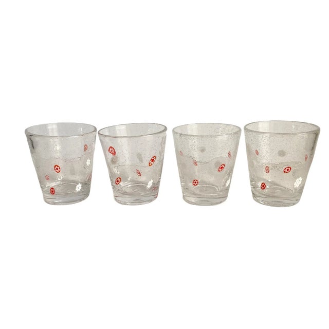 Transparent Crate & Barrel Zazz Art Glass Red Millefiori Clear Bullicante Double Old Fashion Drinking Glasses Set of 4 For Sale - Image 8 of 8