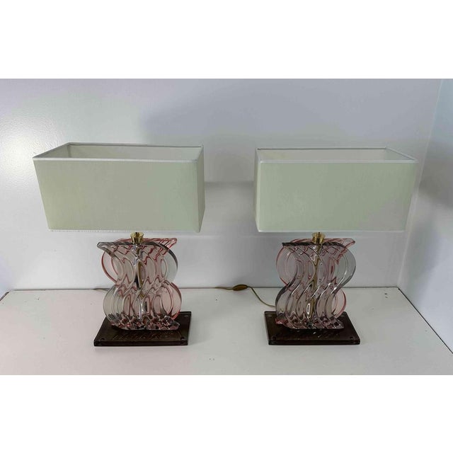 Art Deco Style Pink Murano Glass Table Lamps, 2000s, Set of 2 For Sale - Image 3 of 10