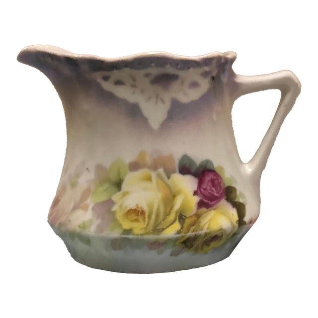 Vintage German Porcelain Creamer – Hand-Painted Yellow & Pink Roses For Sale