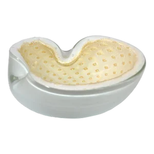 Mid-Century Modern Murano Sommerso Style Triple Cased White Beige Gold Dust Glass Bowl Italy