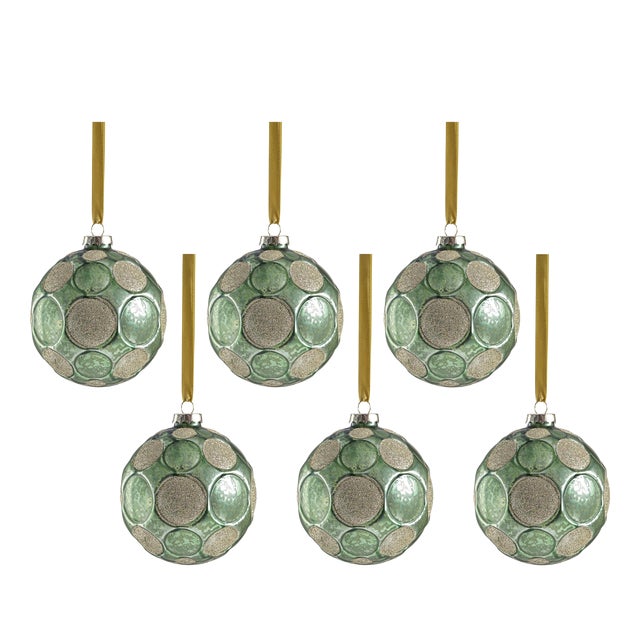 Green Matte Frosted Serenity Glass Ball Ornaments with Gold Glitter - Set of 6, 4" For Sale