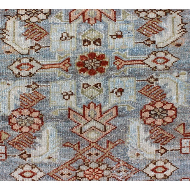 Antique Persian Malayer Runner With Soft Sky Blue Field and Geometric Medallions For Sale - Image 9 of 13