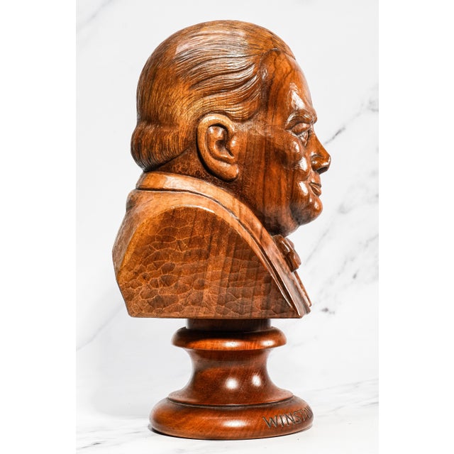 Brown Nice Large Antique Winston Churchill Carved Wood Bust Statue Sculpture Home Decor For Sale - Image 8 of 15