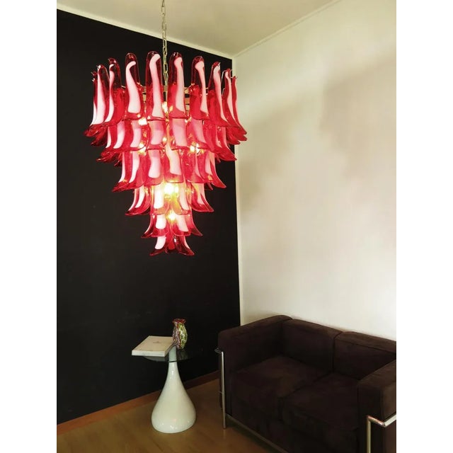 - Huge Italian vintage Murano chandelier made by 75 glass petals (red and white 'lattimo') in a chrome frame - Height with...