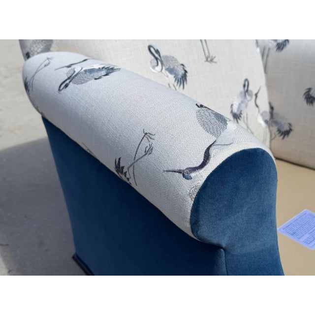 Hickory Chair Blue Velvet and Embroidered Crane Upholstered Armchair With Ottoman For Sale - Image 11 of 12