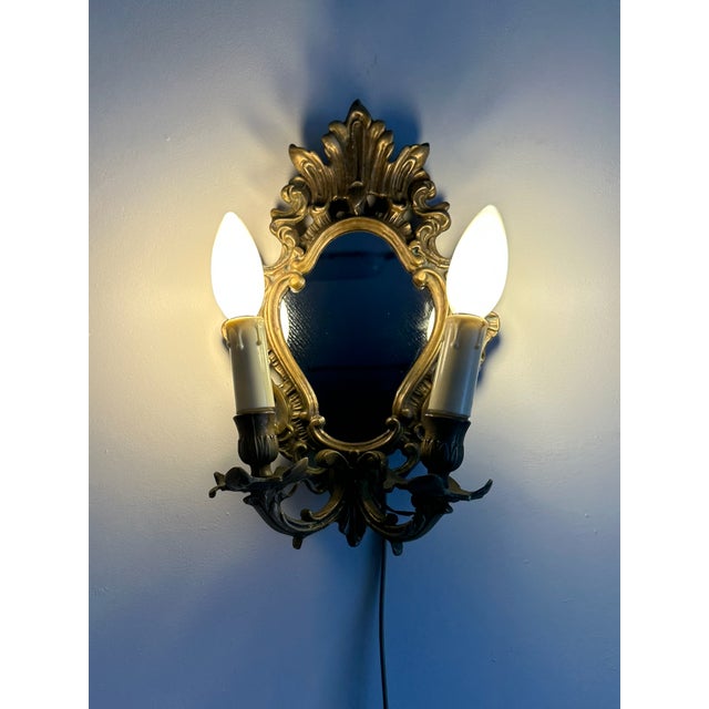 Mid-Century French Rococo Revival Brass Wall Mirror Sconce, 1950s For Sale - Image 15 of 16