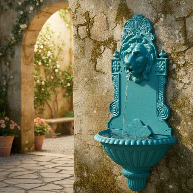 Victorian Antique Cast Iron Wall-Mounted Teal Painted Garden Fountain With Lion Mask For Sale - Image 3 of 18