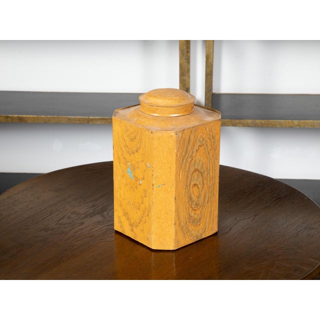 19th Century, Octagonal Lidded Tin Canister with Yellow Faux Bois Finish For Sale - Image 4 of 9