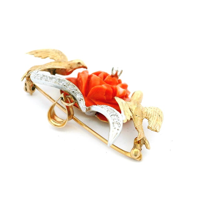 Metal Vintage Italian 18k Gold Platinum Diamond Sardinian Coral Rose Dove Brooch Pendant For Sale - Image 7 of 9
