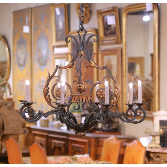 Early 20th Century Early 20th Century French Louis XV Verdigris and Gilt Iron 8-Light Chandelier For Sale - Image 5 of 11