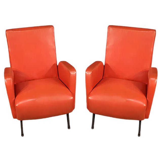 Set of Italian Armchairs in Red Faux Leather, 1970s For Sale