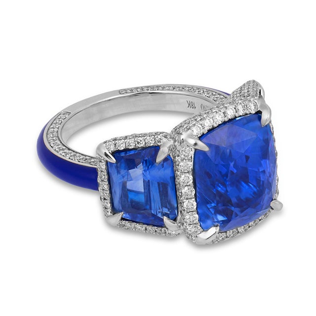 Lugano Gia 14.10 Carat Ceylon No Heat Sapphire Diamond Enamel 18k Gold Ring, Size 6.25 For Sale - Image 4 of 8