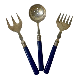 Vintage 3 Piece Silver Plated Fish Fork, Tea Strainer & Bread Fork Set With Navy Blue Plastic /Celluloid Handles From England