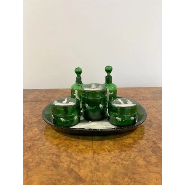 Victorian Green Dressing Table Set by Mary Gregory, 1860s, Set of 6 For Sale - Image 3 of 7