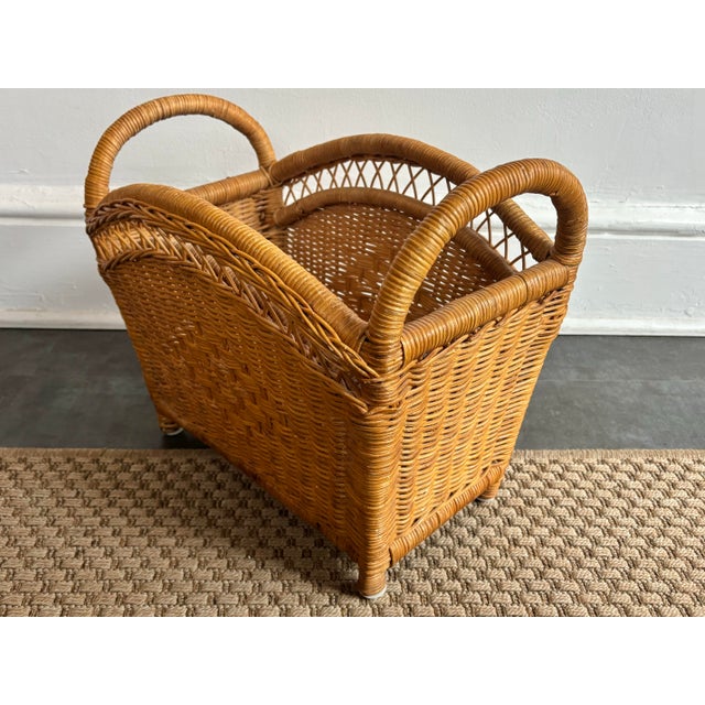 Mid 20th Century Vintage Coastal Wicker Magazine Rack With Handles For Sale - Image 5 of 8