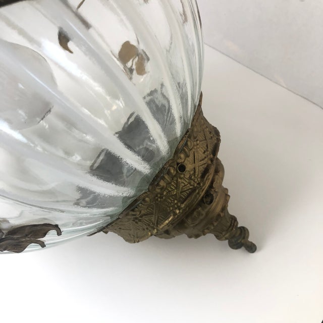 Metal Mid 20th Century Hollywood Regency Round Opaque and Clear Swag Lamp Brass Flowers For Sale - Image 7 of 13