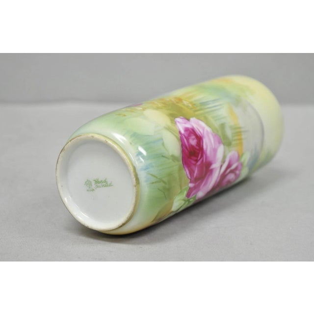 Antique Nippon Hand Painted Pink Rose & Lake Scene Small Porcelain Cylinder Vase For Sale - Image 12 of 14