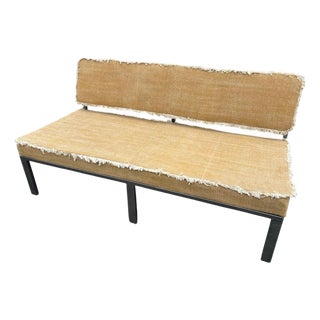 Vintage Upholstered Bench With Fringed Linen For Sale