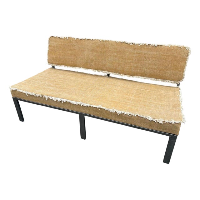 Vintage Upholstered Bench With Fringed Linen For Sale
