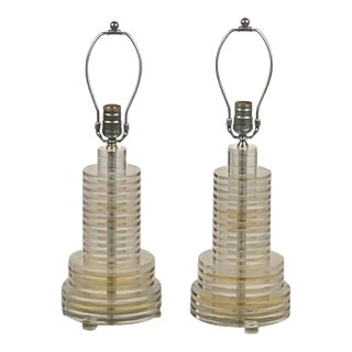 Pair of Sculptural 70's Clear and Tinted Lucite Disc Lamps For Sale