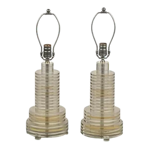 Pair of Sculptural 70's Clear and Tinted Lucite Disc Lamps