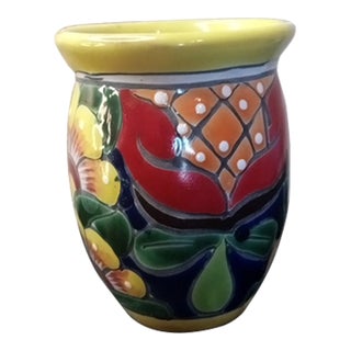 1980s Hand Painted Folk Art Talavera Mexico Decorative Vase For Sale