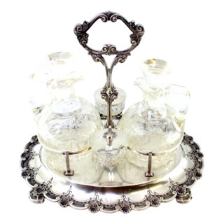 Cruet Set with Silver Structure and Cut Glass Cruets with Salt and Pepper Shakers, Set of 5 For Sale