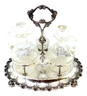 Cruet Set with Silver Structure and Cut Glass Cruets with Salt and Pepper Shakers, Set of 5