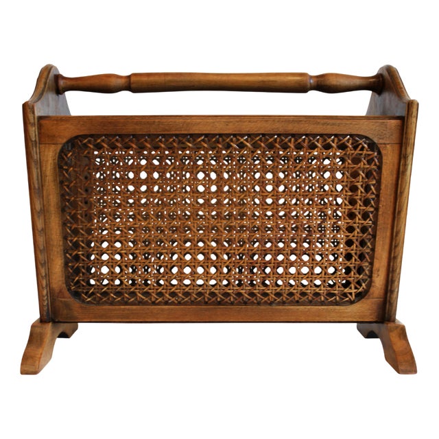 Vintage Magazine Rack in Wood and Caning, 1950s For Sale
