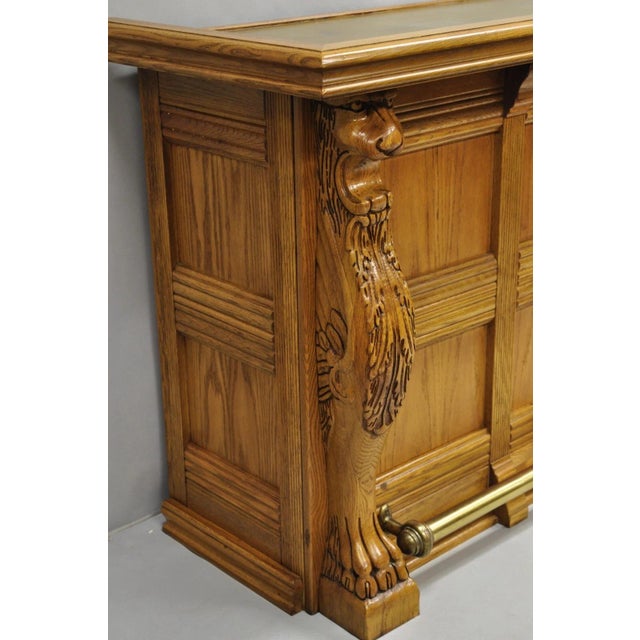 Late 20th Century Pulaski Keepsake Collection Oak Wood Bar With Griffins and 2 Swivel Bar Stools - Set of 3 For Sale - Image 4 of 12