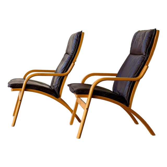 Pair of Danish Stouby Leather Lounge Chairs Bentwood Frame – Mid-Century Modern Armchair 1960s For Sale