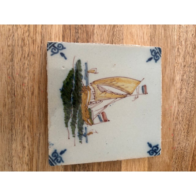 Royal Blue Rescued Vintage 1974 Set of Eight (8) Hand Painted Dutch Delft Polychrome Tiles Sailing Ships For Sale - Image 8 of 9