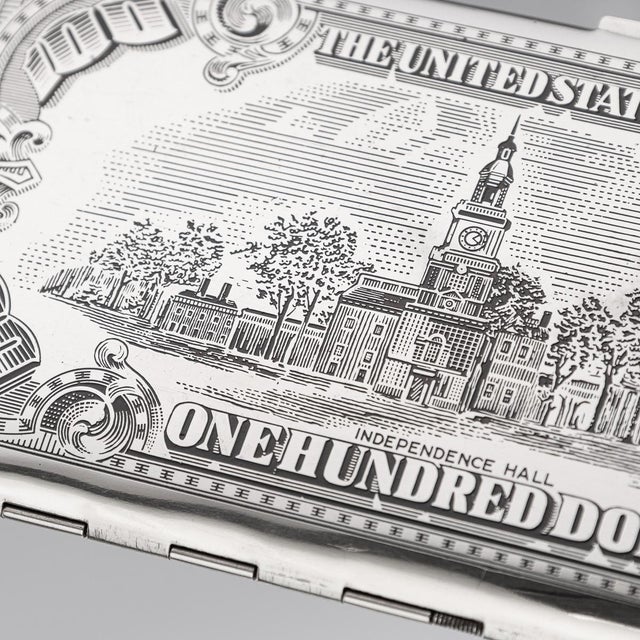 20th Century American Silver-Plated Cigarette Case & Lighter Shaped as a Hundred Dollar Bill , Set of 2 For Sale - Image 4 of 18