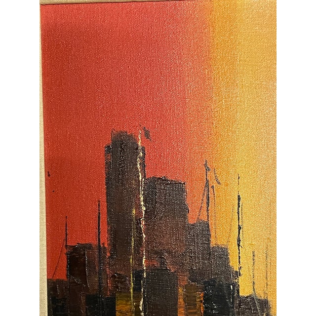 Mexican Mid Century Modern Oil Painting City Bay at Sunset Signed, Framed For Sale - Image 6 of 12