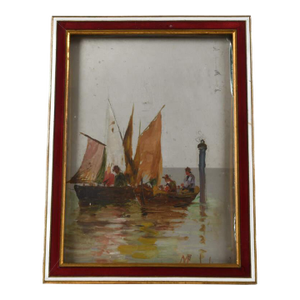 Signed Brass and Enamel Framed Painting on Tin Depicting Chinese Seascape