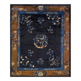 1930s Blue Navy Floral Medallion Antique Chinese Peking Rug 8' 2" X 9' 8" Handknotted Wool Carpet For Sale