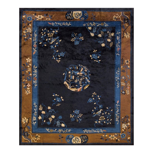 1930s Blue Navy Floral Medallion Antique Chinese Peking Rug 8' 2" X 9' 8" Handknotted Wool Carpet For Sale